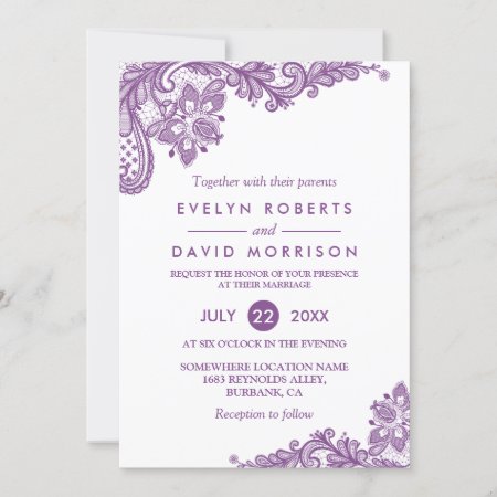 Elegant Lace Lavender Purple White Formal Wedding Invitation