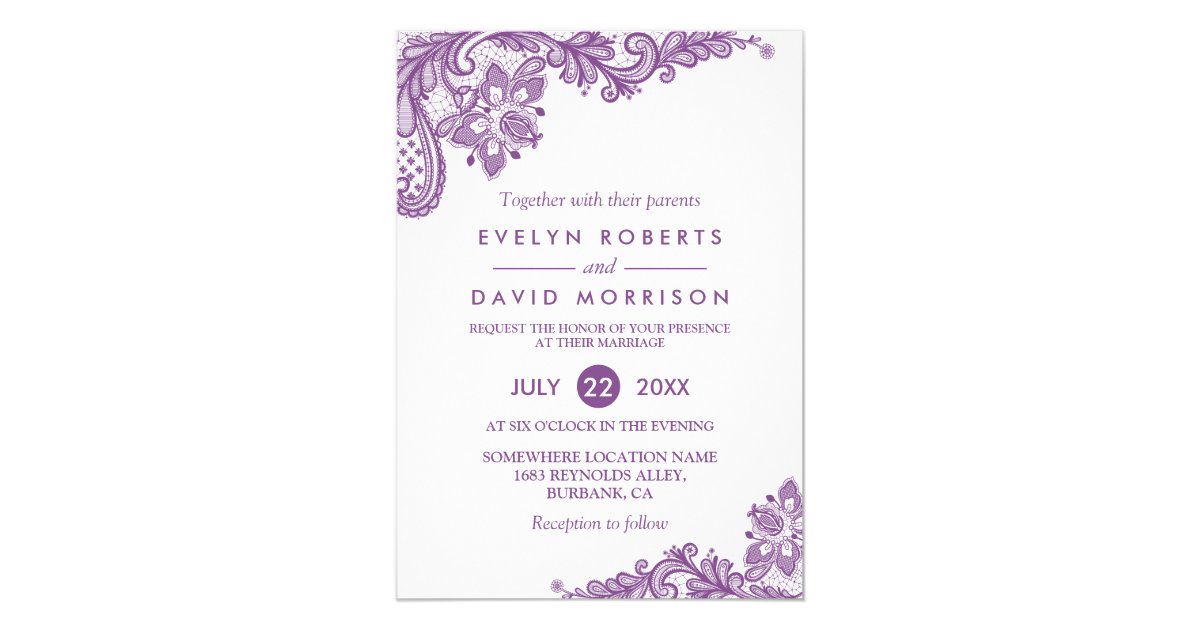 Elegant Lace Lavender Purple White Formal Wedding Invitation Zazzle Com