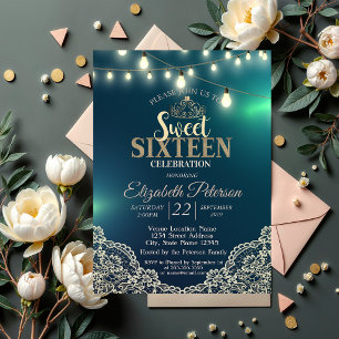 Elegant Lace,Lights,Tiara,Sweet 16 Party Invitation