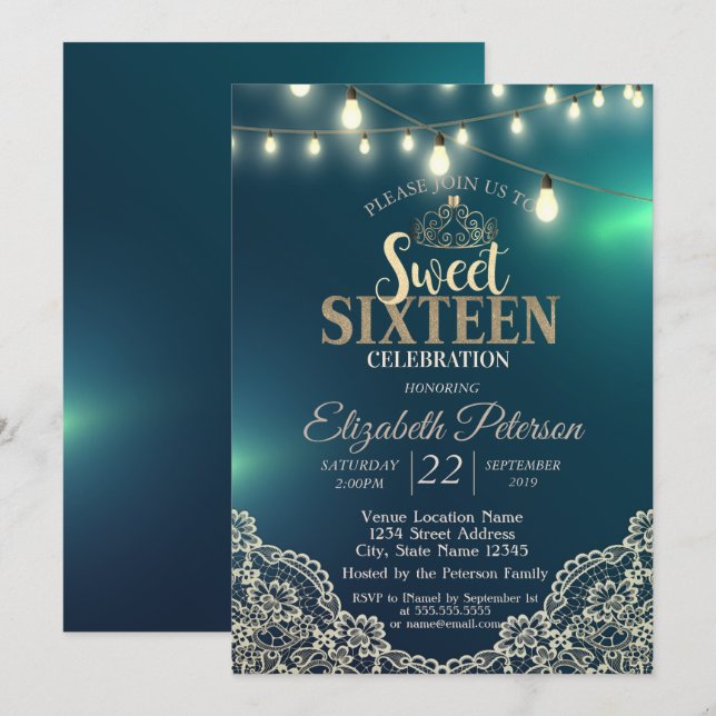 Elegant Lace,Lights,Tiara,Sweet 16 Party Invitation (Front/Back)