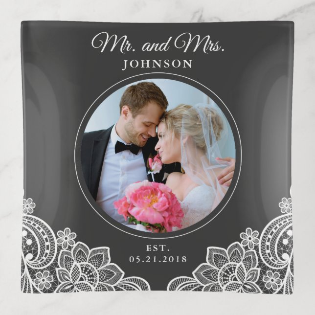 Elegant Lace Mr. and Mrs. Photo Trinket Tray (Front)