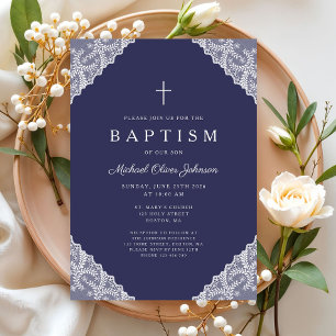 Elegant Lace Navy Blue Baby Boy Baptism Invitation