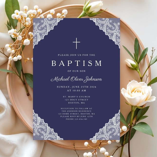 Elegant Lace Navy Blue Baby Boy Baptism Invitation (Elegant Lace Navy Blue Baby Boy Baptism Invitation)