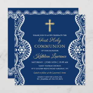 Elegant Lace Navy Blue First Holy Communion Invitation