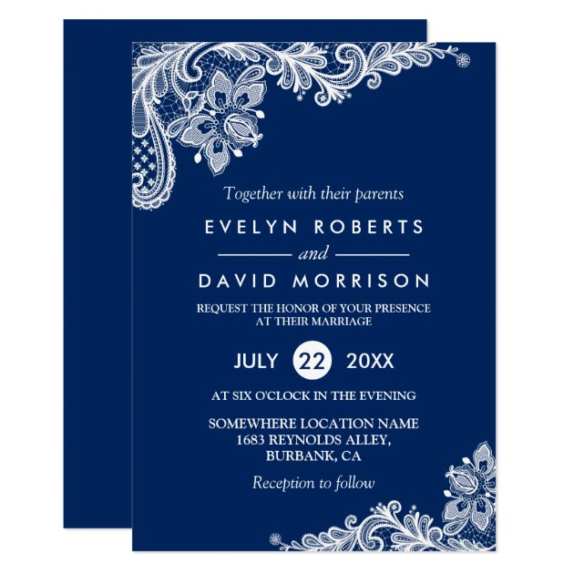 Elegant Lace Navy Blue White Formal Wedding Invitation