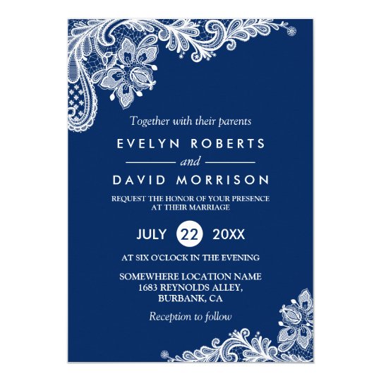 Elegant Lace Navy Blue White Formal Wedding Card | Zazzle.com Shop Elegant Lace Navy Blue White Formal Wedding Card created by CardHunter. Personalize it with photos & text or purchase as is!