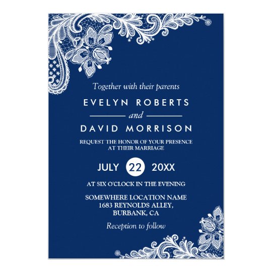 Elegant Lace Navy Blue White Formal Wedding Card | Zazzle.com