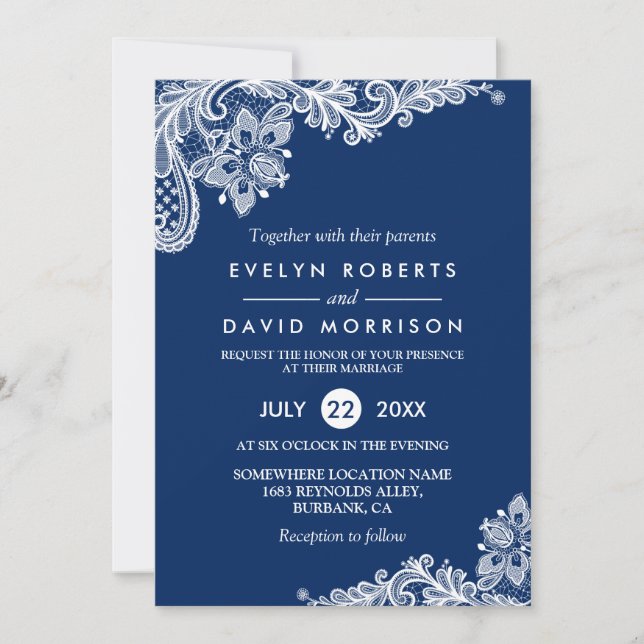 Elegant Lace Navy Blue White Formal Wedding Invitation (Front)