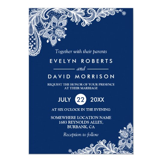 Elegant Lace Navy Blue White Formal Wedding Invitation 
