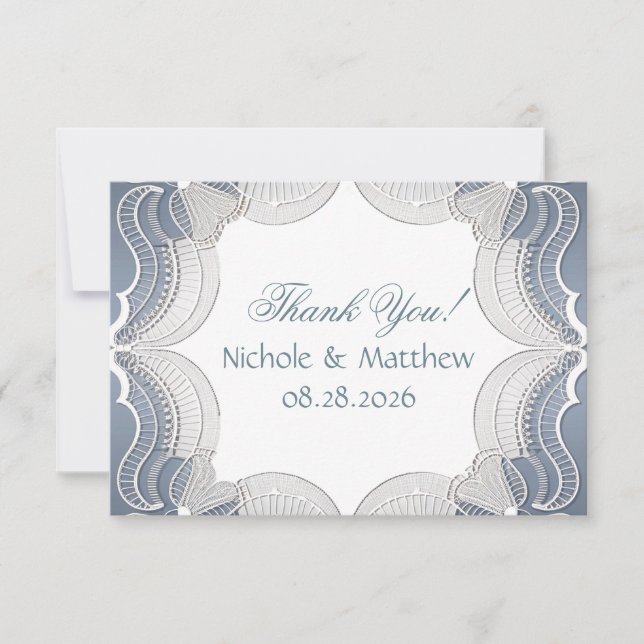 Elegant Lace On Blue Wedding Bridal Shower Thank You Card (Front)