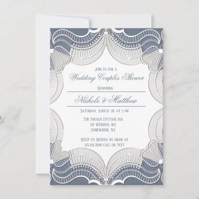 Elegant Lace On Blue Wedding Couples Shower Invitation (Front)