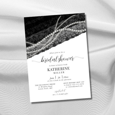 Elegant Lace Pearl Black White Chic Bridal Shower Invitation