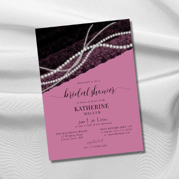 Elegant Lace Pearl Pink Black Rustic Bridal Shower Invitation by PencilOwlStudios at Zazzle