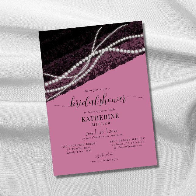 Elegant Lace Pearl Pink Black Rustic Bridal Shower Invitation (Creator Uploaded)