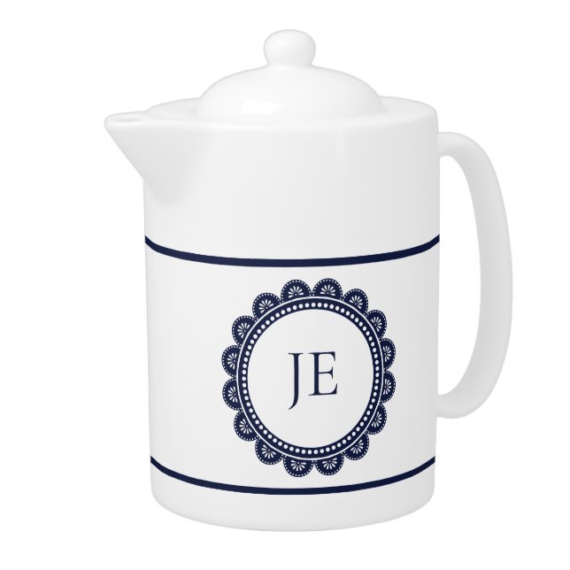Elegant Lace Personalized Monogram Navy Blue White Teapot (Right)