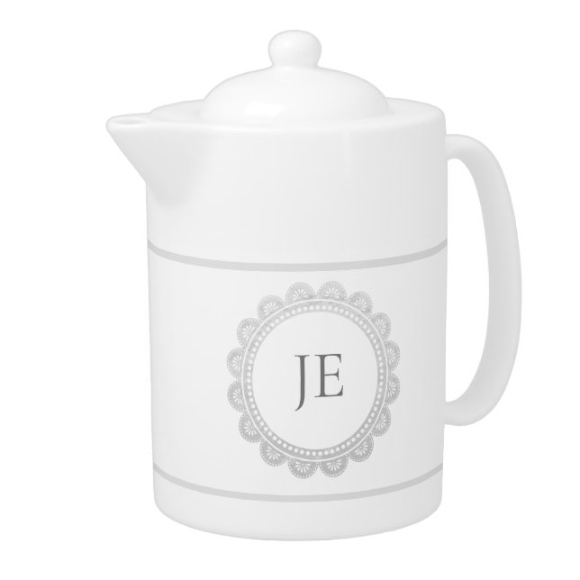 Elegant Lace Personalized Monogram Silver and Grey Teapot (Right)