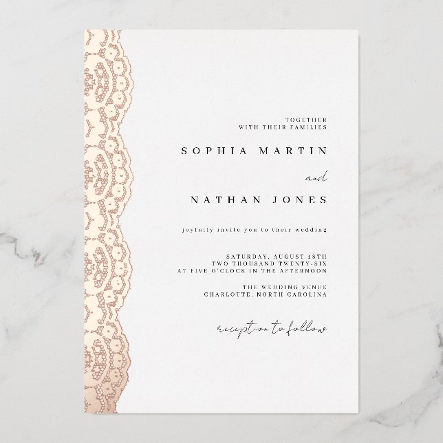 Elegant Lace Real Rose Gold Foil Wedding  Foil Invitation (Front)