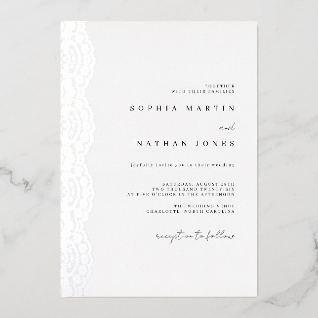Elegant Lace Real Silver Foil Wedding  Invitation (Front)