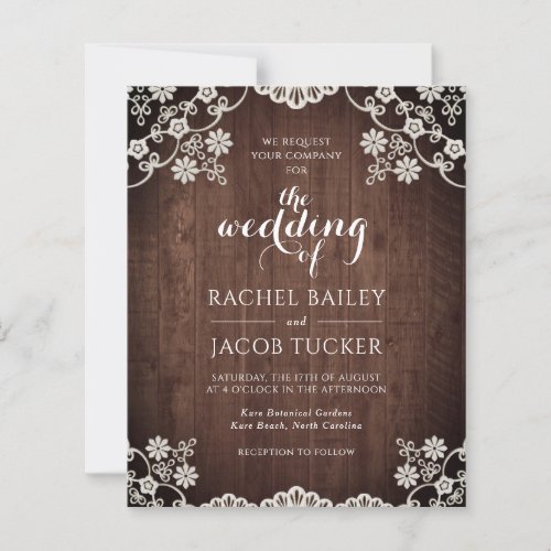 Elegant Lace Rustic Dark Wood Wedding Invitation