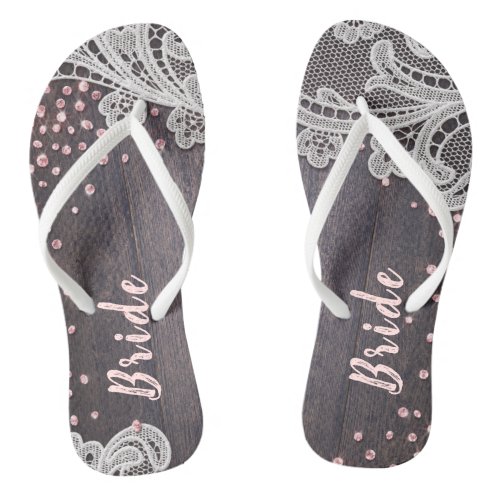 Elegant Lace rustic wood blush glitter bride Flip Flops