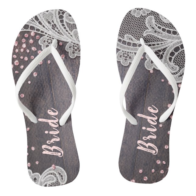 Elegant Lace rustic wood blush glitter bride Flip Flops (Footbed)