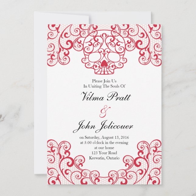 Elegant Lace Skull Calavera Invitation Card in Red (Front)