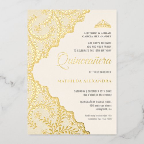 Elegant Lace Tiara Quinceanera Gold Foil Invitation