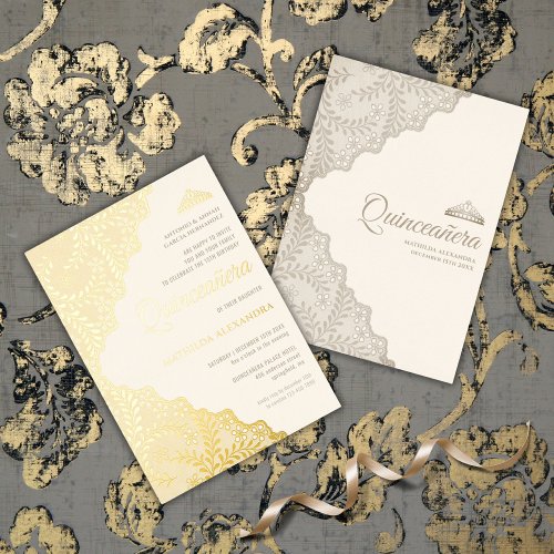 Elegant Lace Tiara Quinceanera Gold Foil Invitation