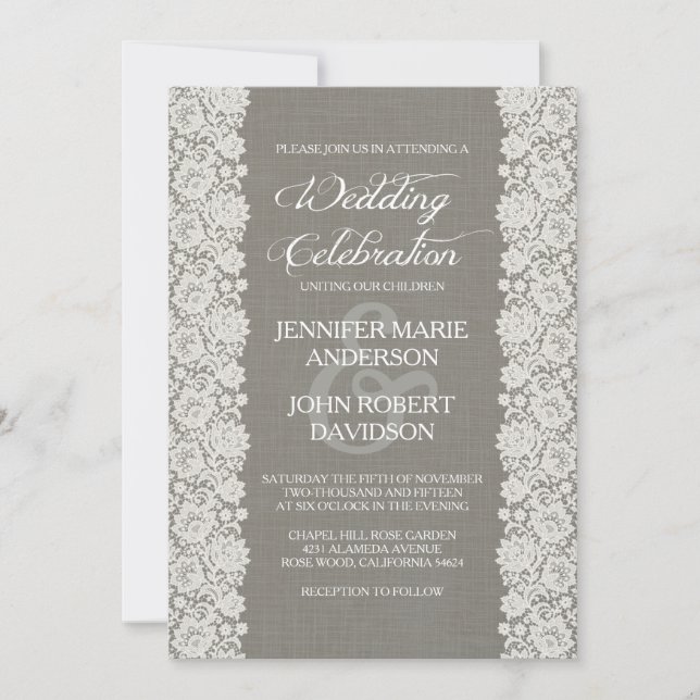 Elegant Lace Vintage Wedding Invitation Gray (Front)