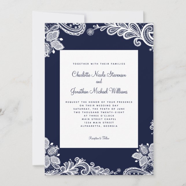 Elegant Lace Wedding Custom Photo Navy Blue White Invitation (Front)