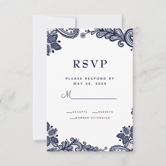 Elegant Lace Wedding Enclosure Details Blue White RSVP Card (Front)