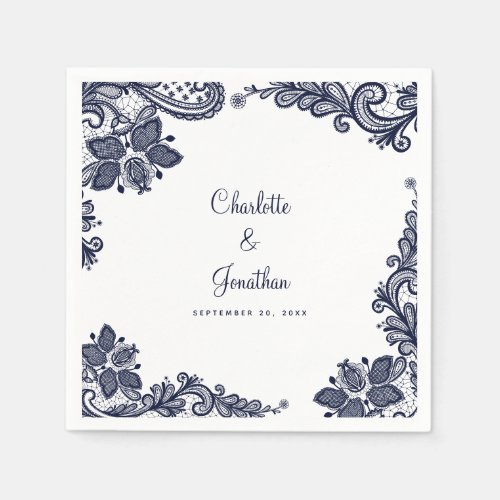 Elegant Lace Wedding Engagement Bride  Groom Blue Napkins