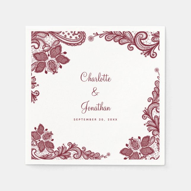 Elegant Lace Wedding Engagement Bride & Groom Red Napkins (Front)
