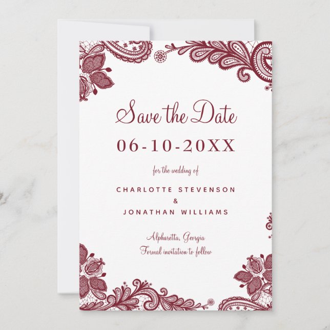 Elegant Lace Wedding Engagement Photo Red White Save The Date (Front)