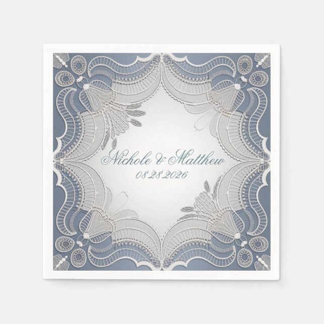 Elegant Lace Wedding On Blue Gradient Napkins (Front)