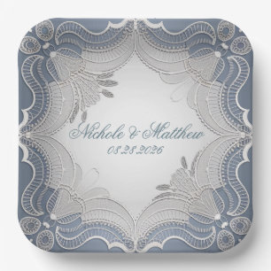 Elegant Lace Wedding On Blue Gradient Paper Plates