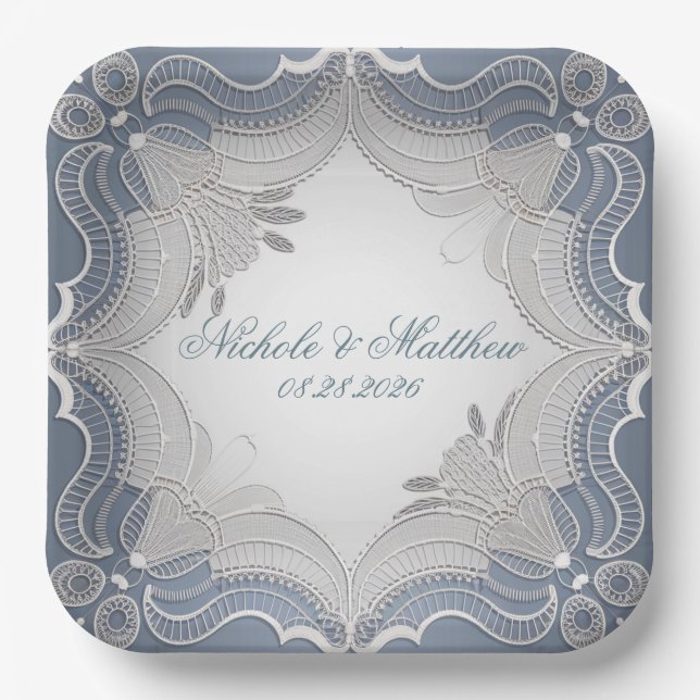 Elegant Lace Wedding On Blue Gradient Paper Plates (Front)