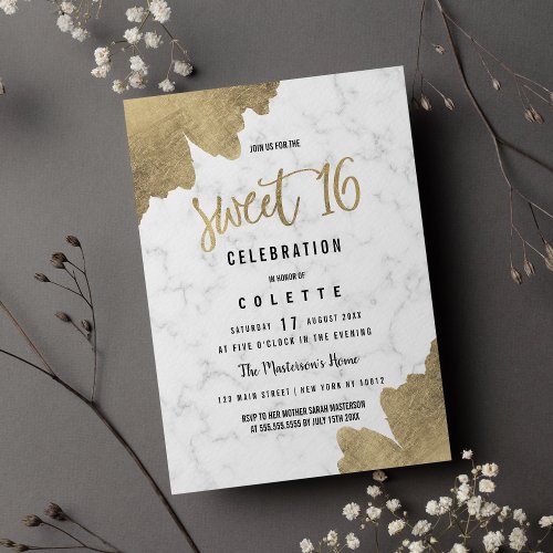 Elegant lacier gray gold glitter marble Sweet 16 Invitation