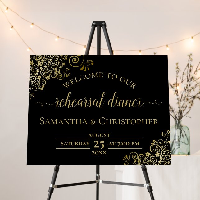Elegant Lacy Gold & Black Rehearsal Dinner Welcome Foam Board (In Situ (Stand))