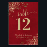 Elegant Lacy Gold Calligraphy Crimson Red Wedding Table Number<br><div class="desc">These elegant wedding table number cards feature a beautiful design with a gold faux foil lace and fancy calligraphy on a marbled crimson red background. There is space for the names of the couple as well as the wedding date.</div>