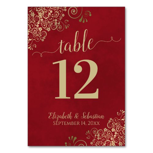 Elegant Lacy Gold Calligraphy Crimson Red Wedding Table Number