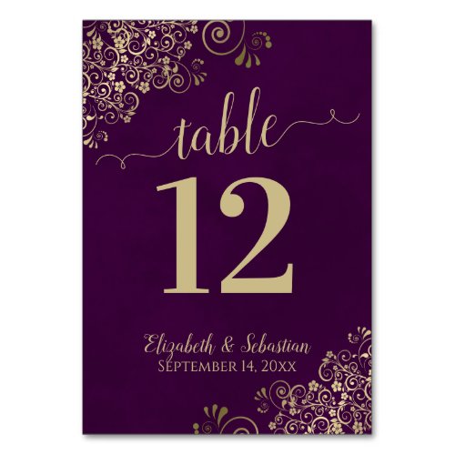 Elegant Lacy Gold Calligraphy Plum Purple Wedding Table Number