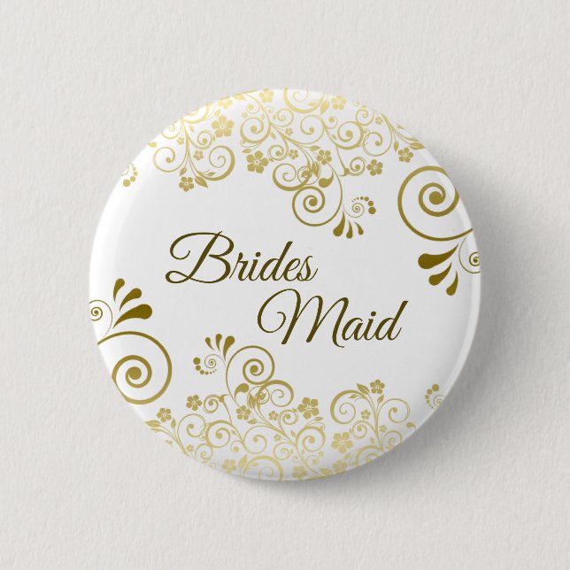 Elegant Lacy Gold Filigree Bridesmaid Wedding Button (Front)