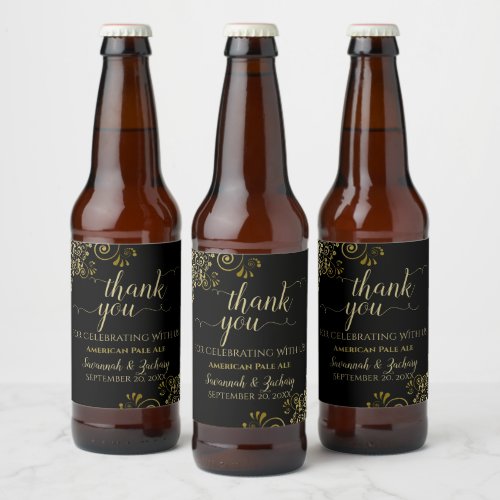 Elegant Lacy Gold on Black Wedding Thank You Beer Bottle Label