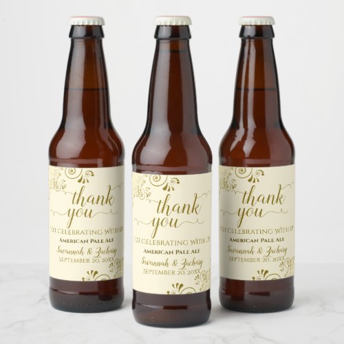 Elegant Lacy Gold on Cream Wedding Thank You Beer Bottle Label