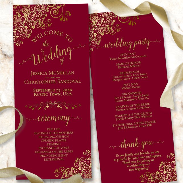 Elegant Lacy Gold on Maroon Burgundy Wedding Program (Front/Back)