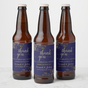 Elegant Lacy Gold on Navy Blue Wedding Thank You Beer Bottle Label