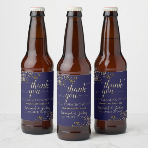 Elegant Lacy Gold on Navy Blue Wedding Thank You Beer Bottle Label