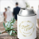 Elegant Lacy Gold on White Bridesmaid Wedding Can Cooler<br><div class="desc">These fun wedding can coolers feature an elegant design with gold text reading Bridesmaid and her name surrounded by lacy faux foil golden filigree or curls and swirls. Perfect way to thank her for being part of your bridal party.</div>