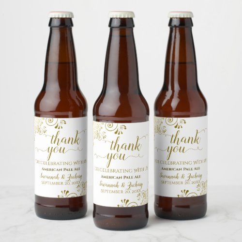 Elegant Lacy Gold on White Wedding Thank You Beer Bottle Label
